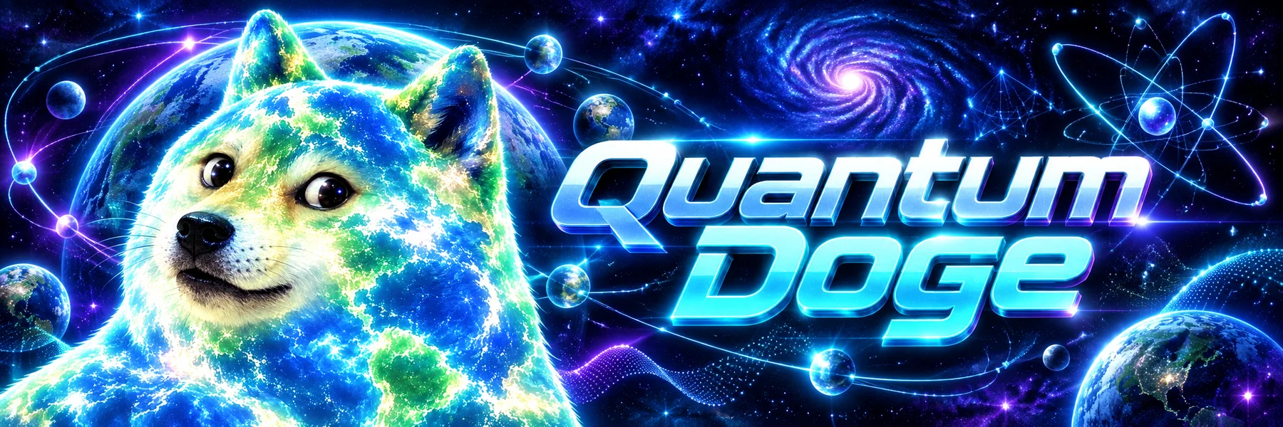 Quantum Doge banner. A cosmic Shiba faces a violet galaxy beside the words Quantum Doge.